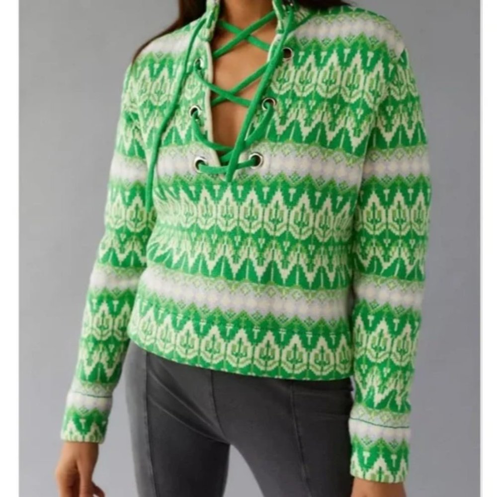 NWT BDG | Rian Lace Up Fair Isle Knit Long Sleeve Sweater Green White
